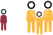 one child standing alone, and a child with a family